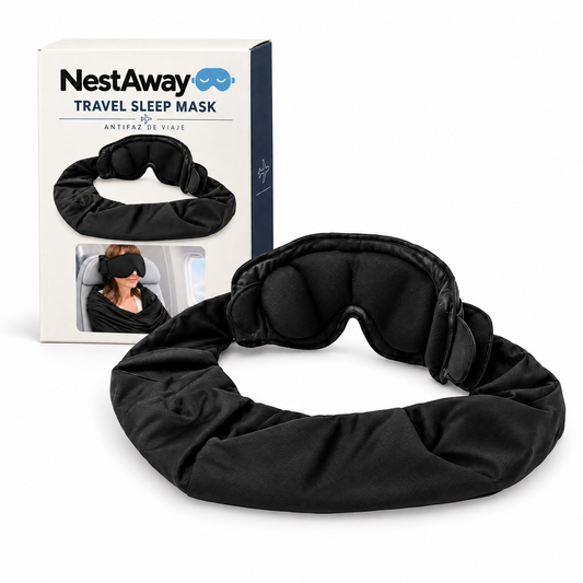 NestAway travel sleep mask with built-in travel wrap and box